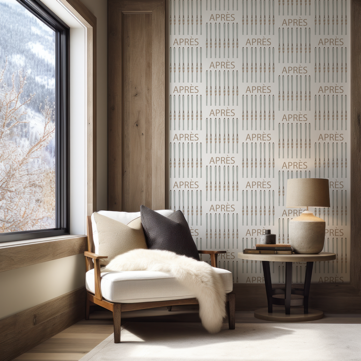 Ski wallpaper with vintage ski motifs for a ski home or alpine interior