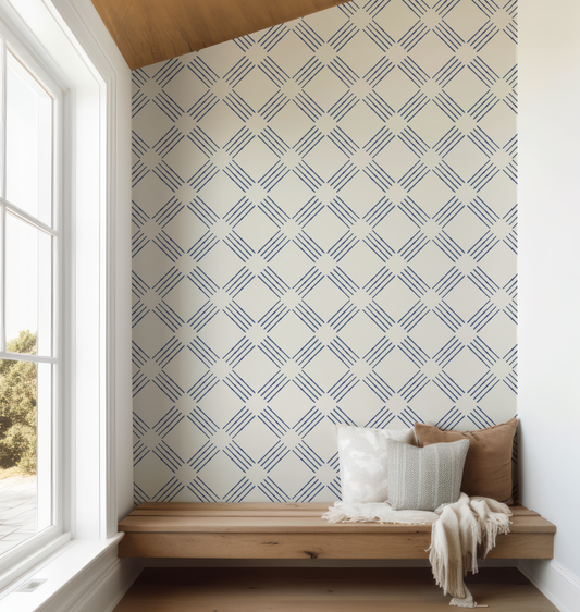 Ski Diamond Blue on Off White Wallpaper