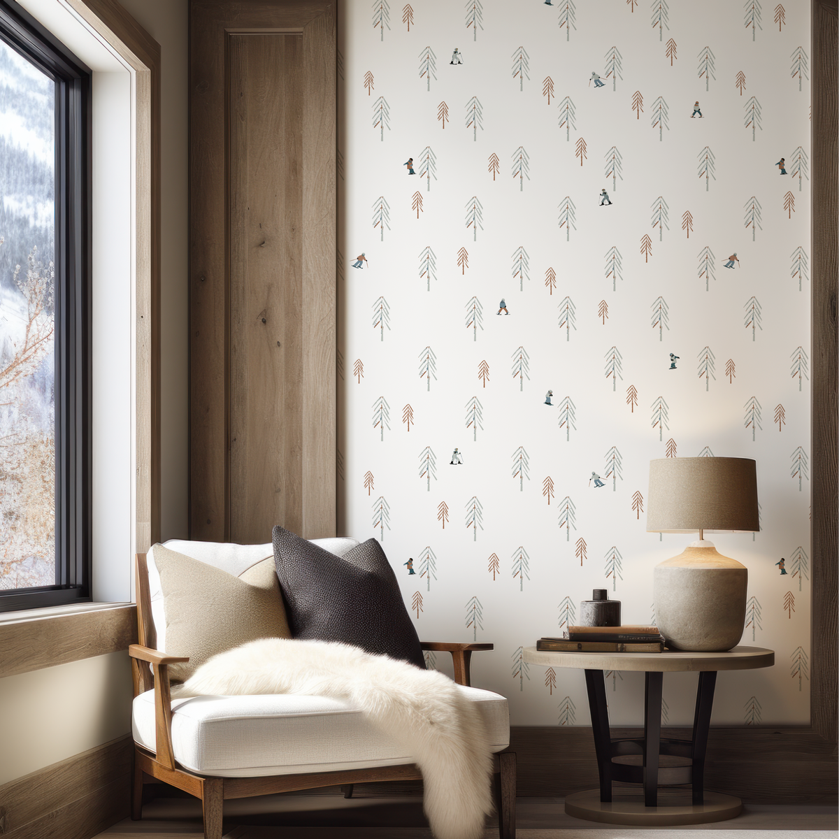 Kids ski wallpaper in a mountain home interior with hand-drawn skiers