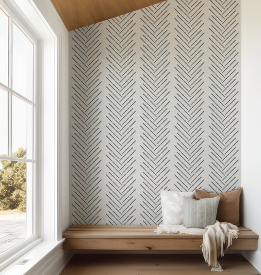 Olive Green Ski Herringbone Off White Wallpaper
