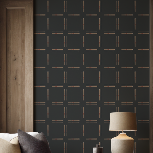 Black grasscloth wallpaper with vintage skis in a classic check pattern
