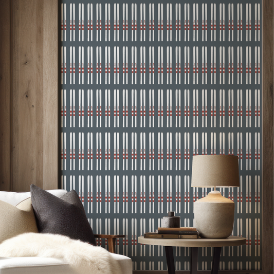 Deer Valley blue grasscloth wallpaper with warm white skis and deep red bindings