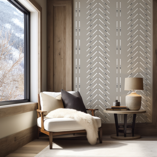 Ski Chevron with Vertical Stripe on Beige Wallpaper