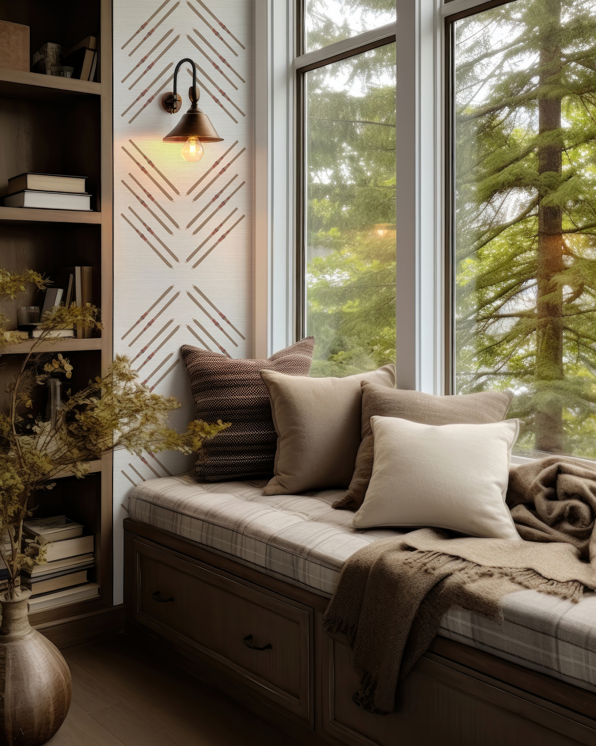 Ski Diamond grasscloth wallpaper in off-white with hand-drawn skis and vertical stripes for Ski Chalet
