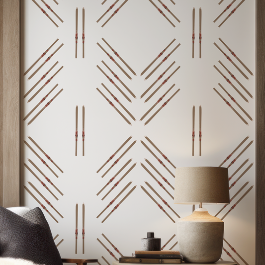 Off-white grasscloth wallpaper with hand-drawn ski diamond pattern and natural texture for Ski Decor home