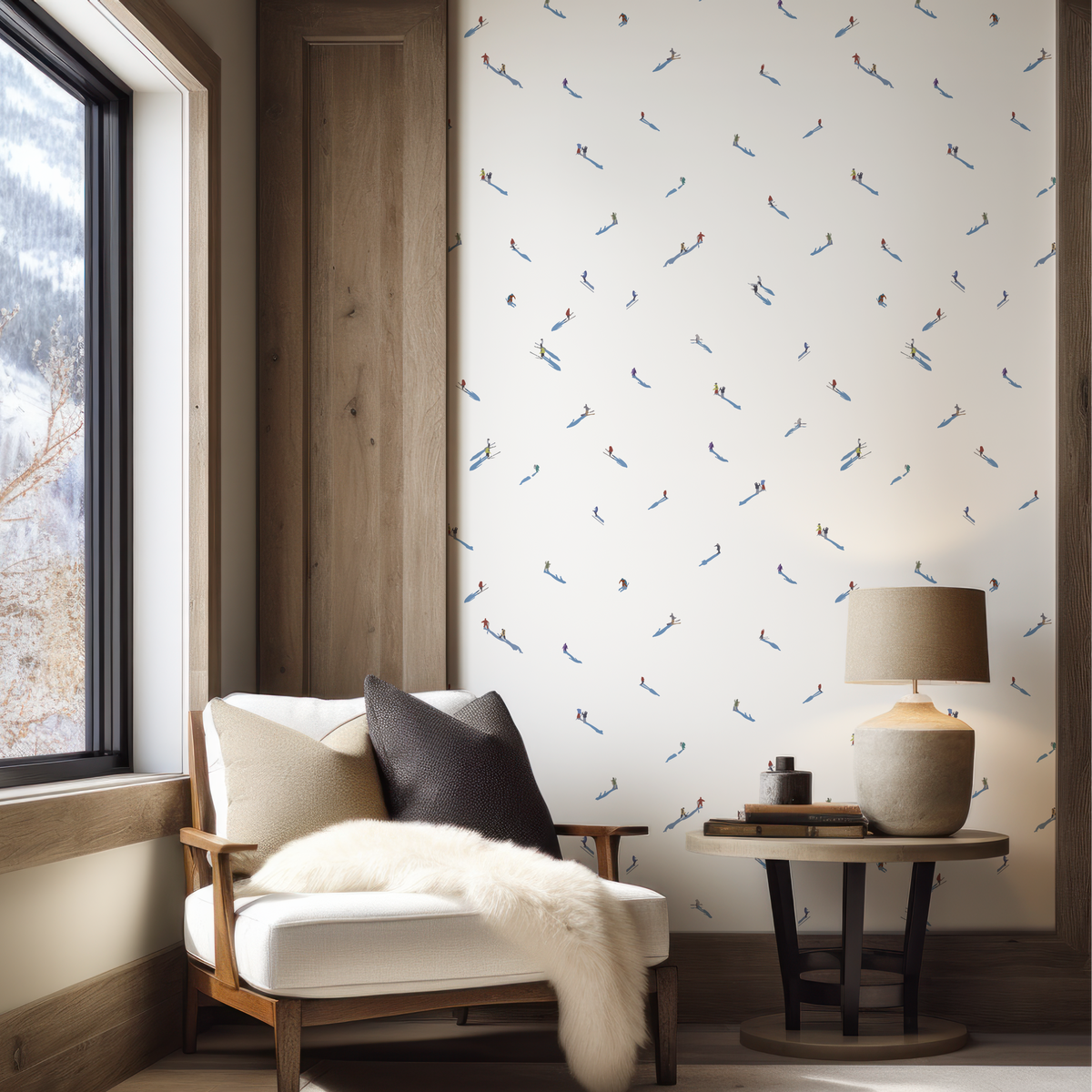 Ski Hill vinyl wallpaper with colorful hand-drawn skiers on a snow-white background