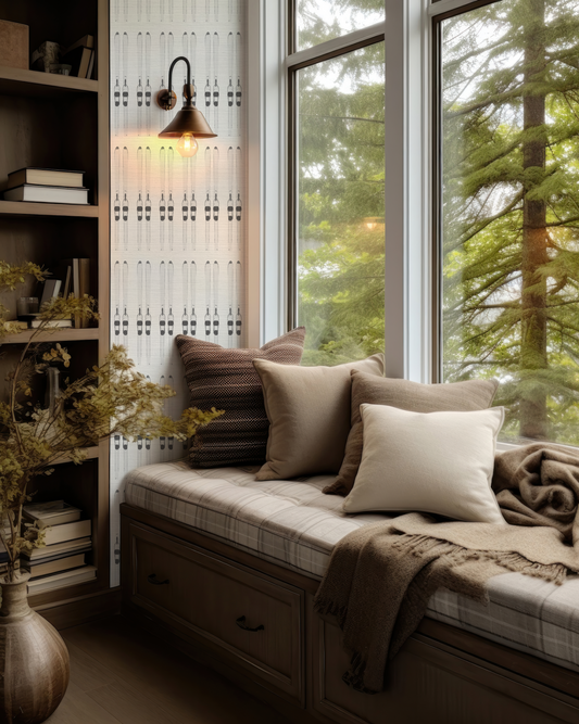 Warm white ski wallpaper on natural grasscloth with charcoal and black ski bindings