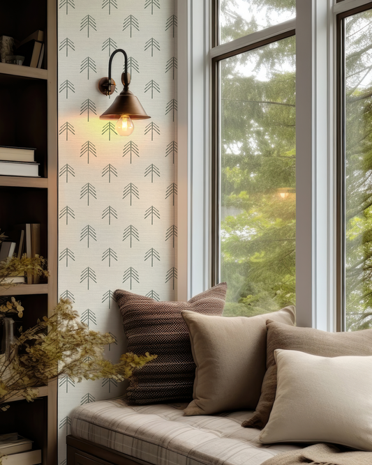 Ski Tree Small in Olive Green on Off White Wallpaper