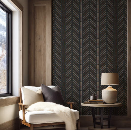 Vintage Ski Chevron Stripe with Vertical Skis on Black Wallpaper