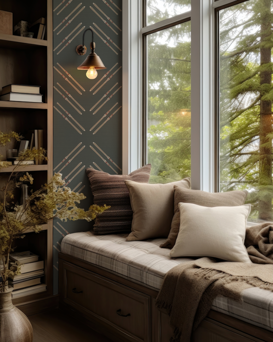 Vintage ski wallpaper in deep green grasscloth with hand-drawn skis and diamond stripe pattern