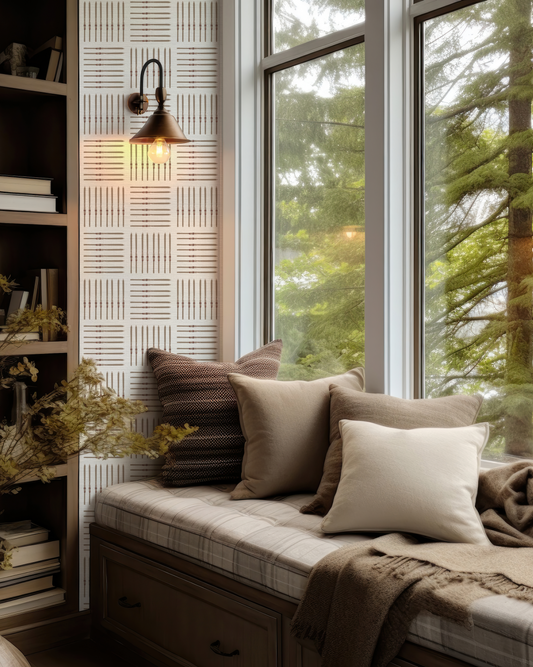 Vintage ski wallpaper with alternating square pattern on textured natural grasscloth