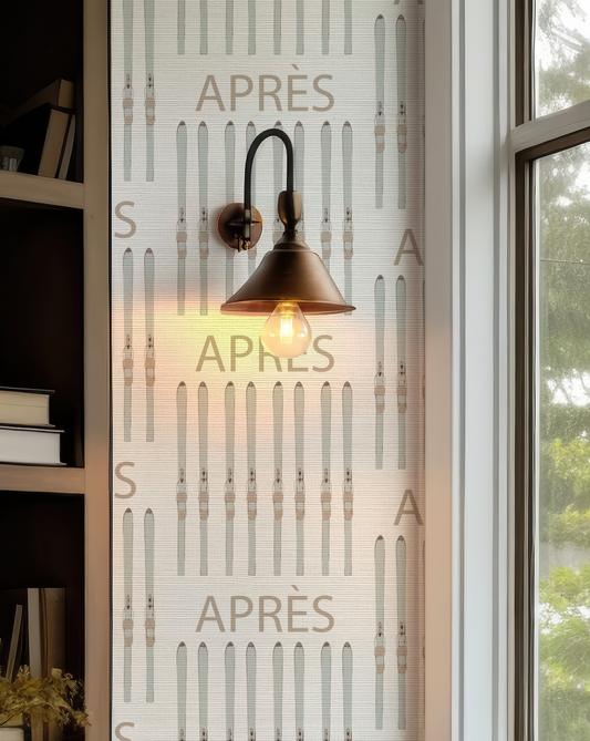 Natural grasscloth ski wallpaper featuring hand-drawn skis in a vintage alpine pattern