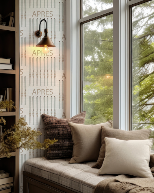 Après ski grasscloth wallpaper inspired by classic 1950s European ski motifs
