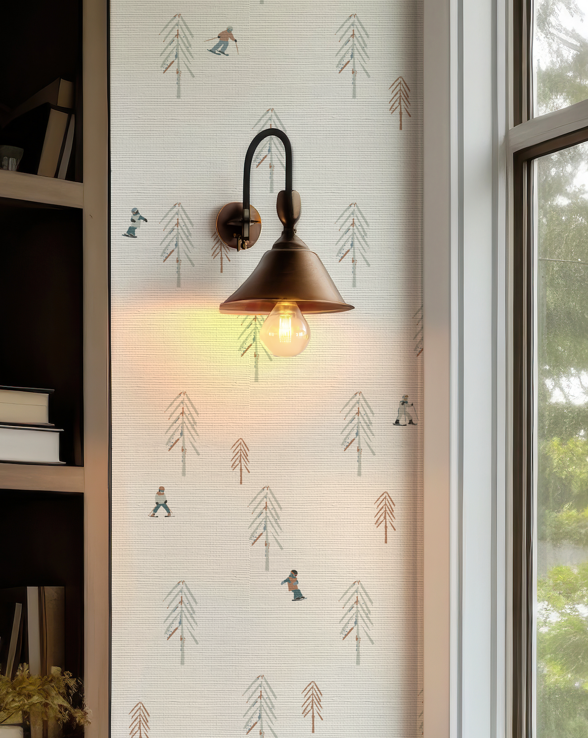 Kids ski wallpaper on natural grasscloth with playful hand-drawn skiers