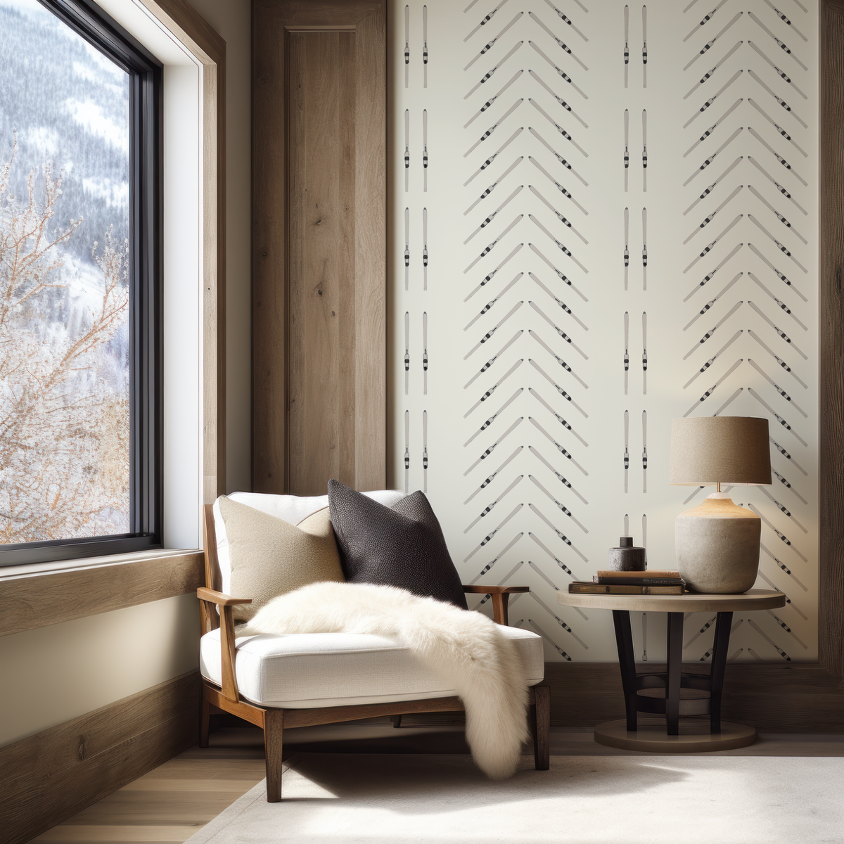Off-white vinyl wallpaper with ski chevron and vertical stripe pattern in mountain home