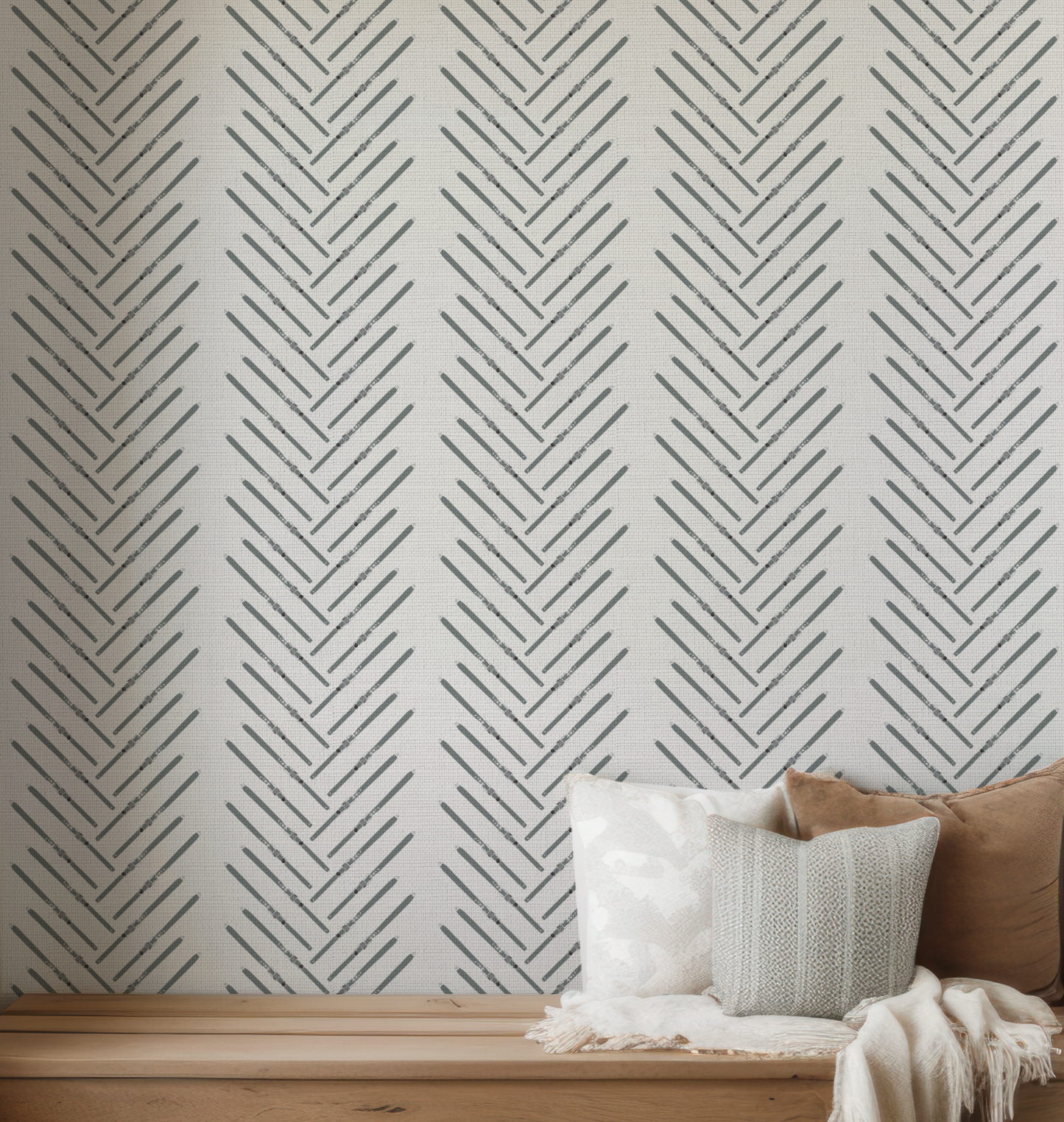 Olive Green Ski Herringbone Off White Wallpaper