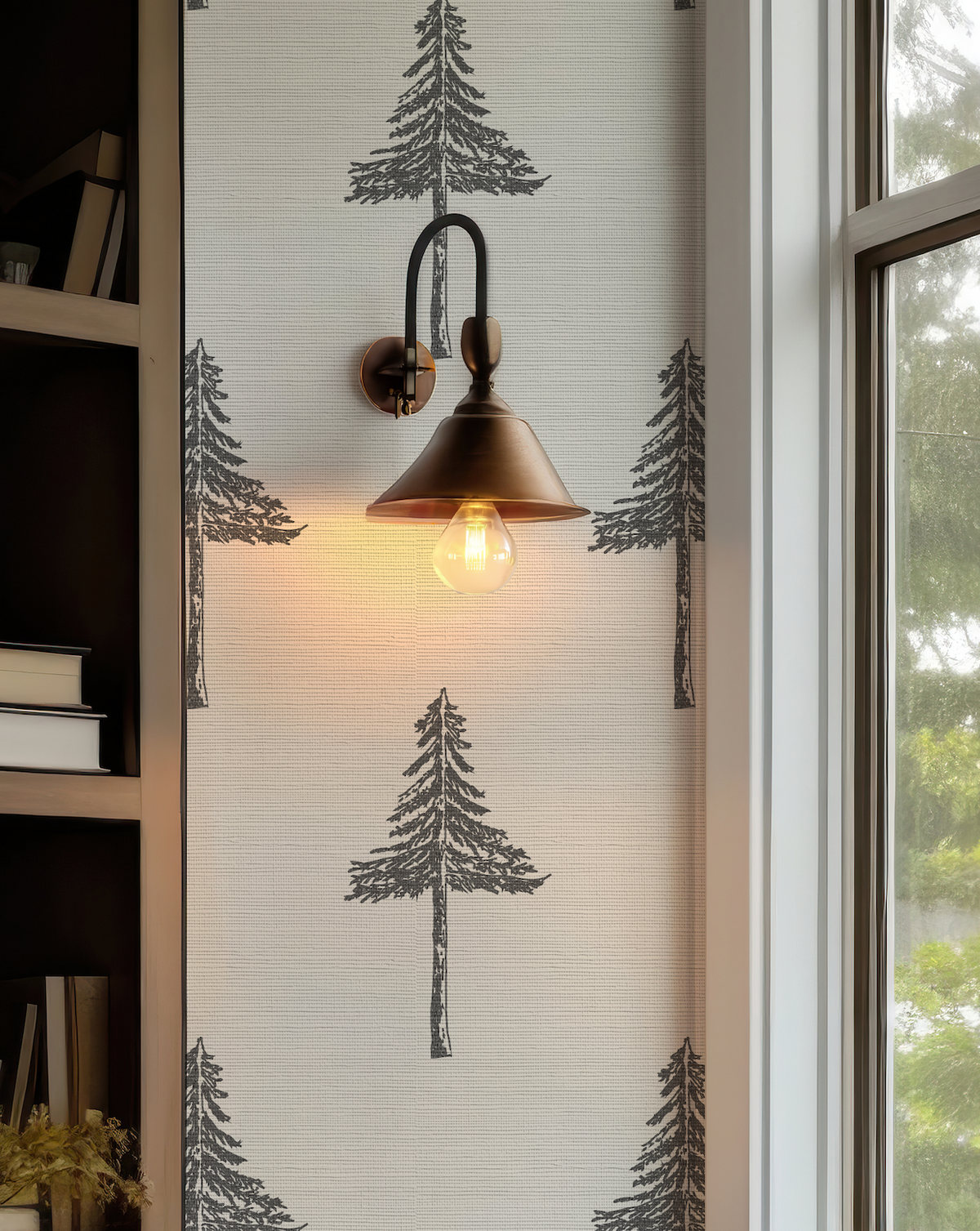 Pine tree grasscloth wallpaper with a black sketched pine on natural grasscloth