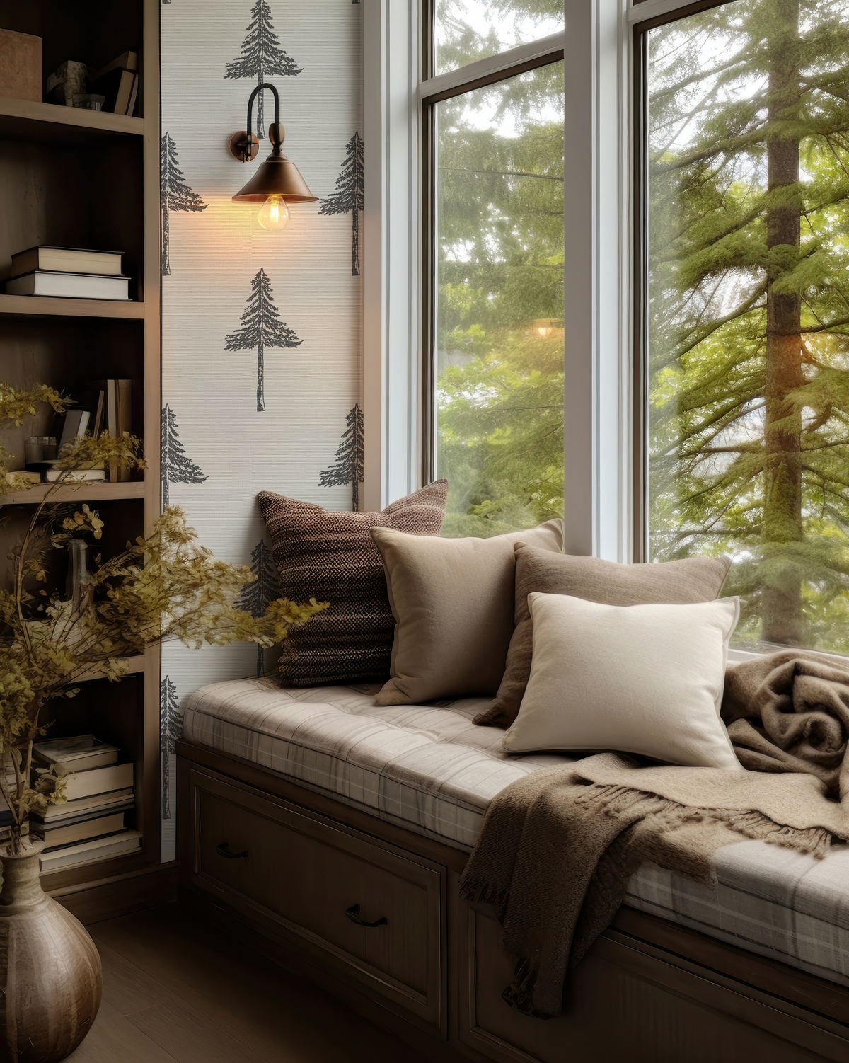 Pine tree grasscloth wallpaper in a mountain home interior
