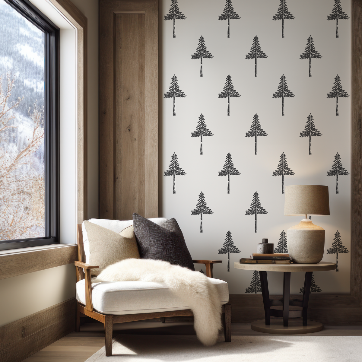 Natural grasscloth wallpaper with black pine tree sketch and organic texture