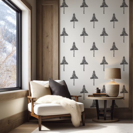 Natural grasscloth wallpaper with black pine tree sketch and organic texture