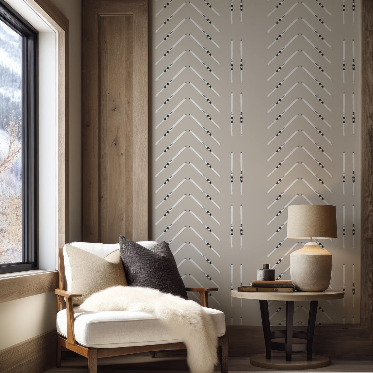 Taupe grasscloth ski wallpaper with hand-drawn skis and vertical chevron stripe pattern