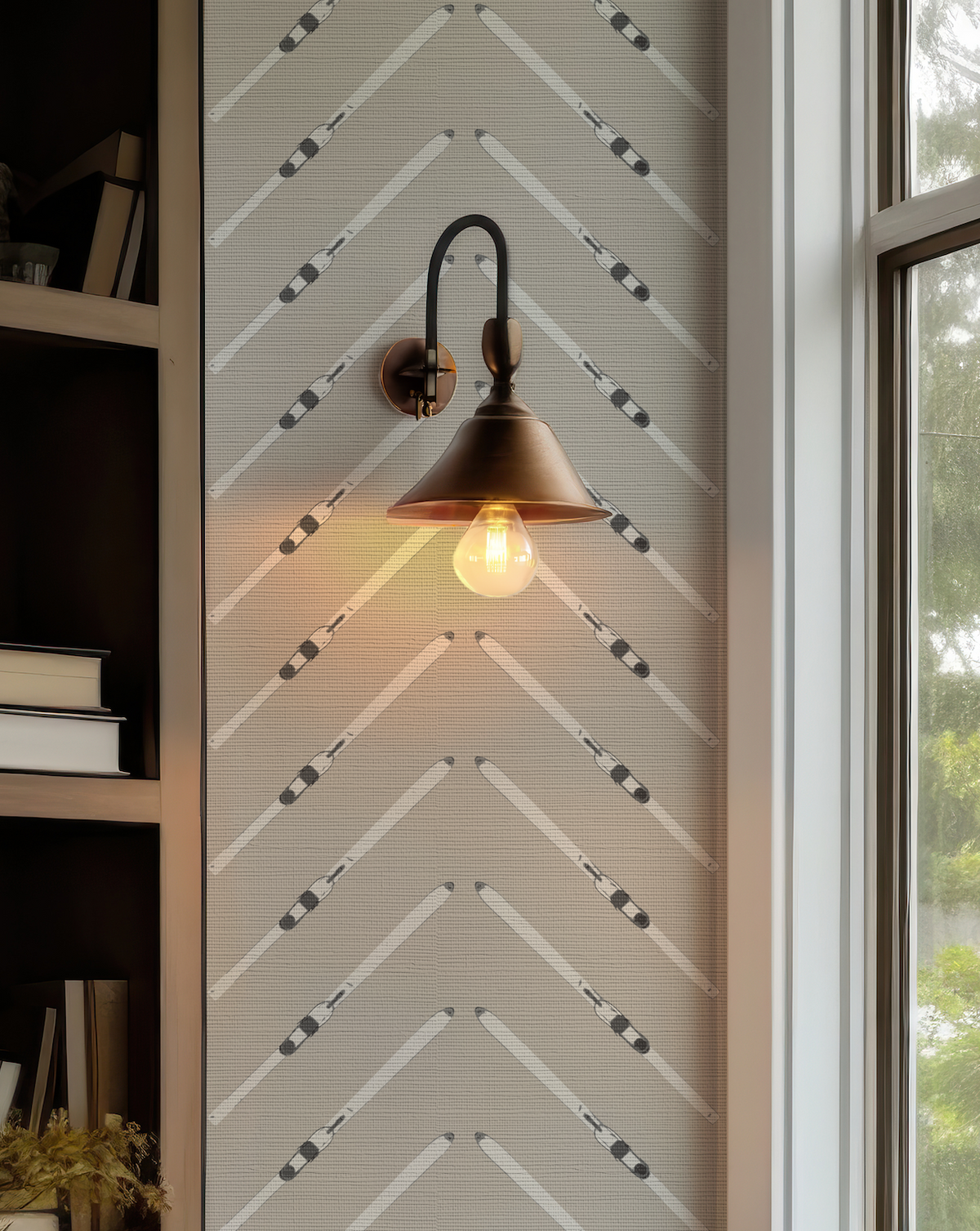 Taupe grasscloth wallpaper with natural texture and hand-drawn ski pattern
