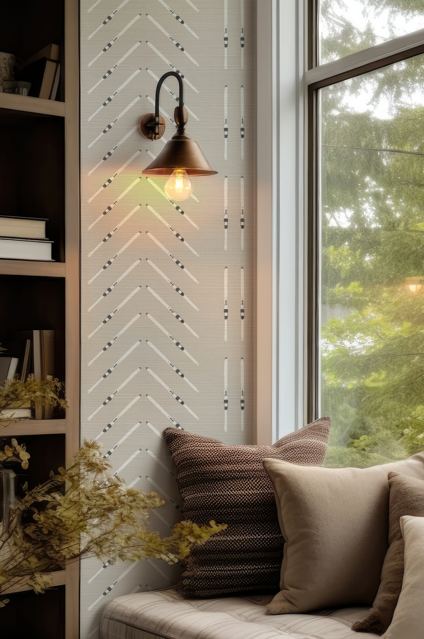 Ski Chevron with Vertical Stripe on Beige Wallpaper