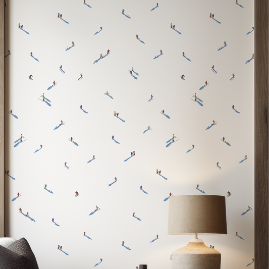 Colorful hand-drawn skiers and tree-lined pattern on vinyl ski wallpaper