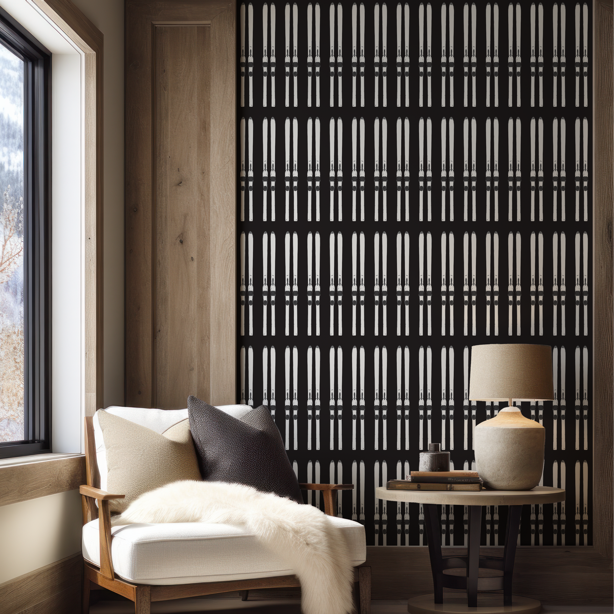Ski wallpaper in black grasscloth with hand-drawn skis in natural warm white.