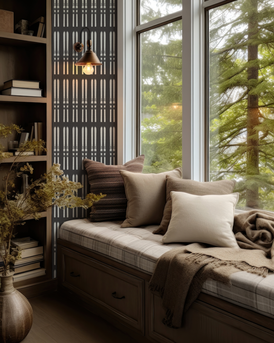 Black ski wallpaper in a mountain home with hand-drawn ski pattern