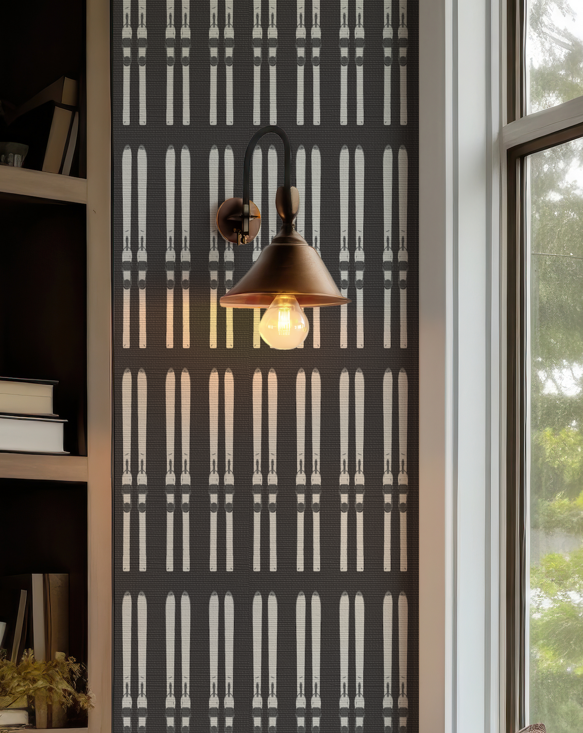 Black grasscloth wallpaper with hand-drawn ski pattern and natural texture