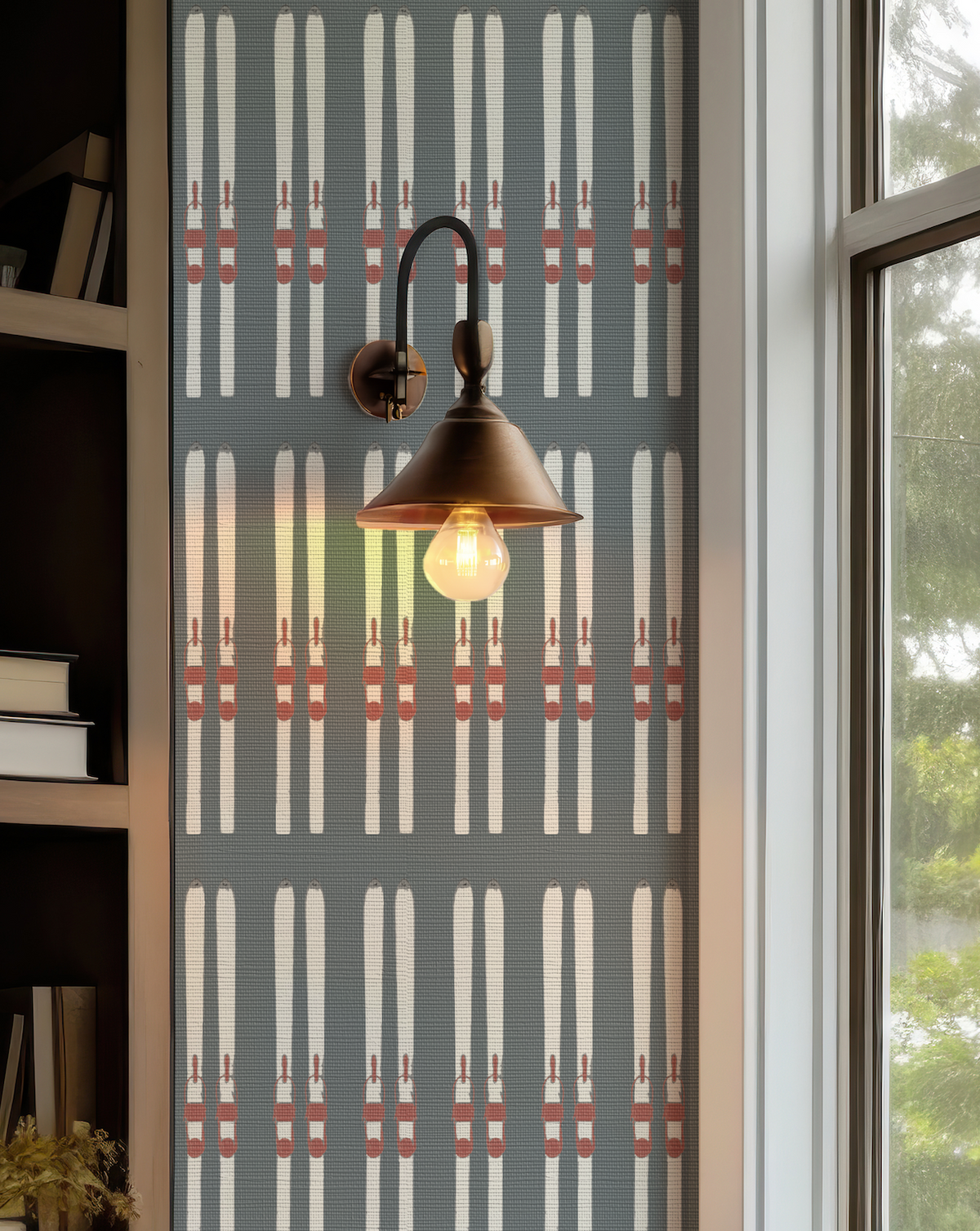 Ski stripe grasscloth wallpaper in rich Deer Valley blue with warm white skis