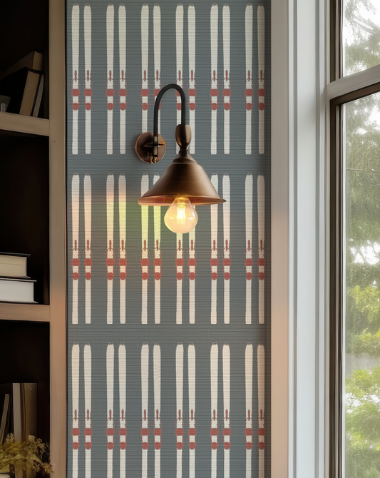 Ski stripe grasscloth wallpaper in rich Deer Valley blue with warm white skis