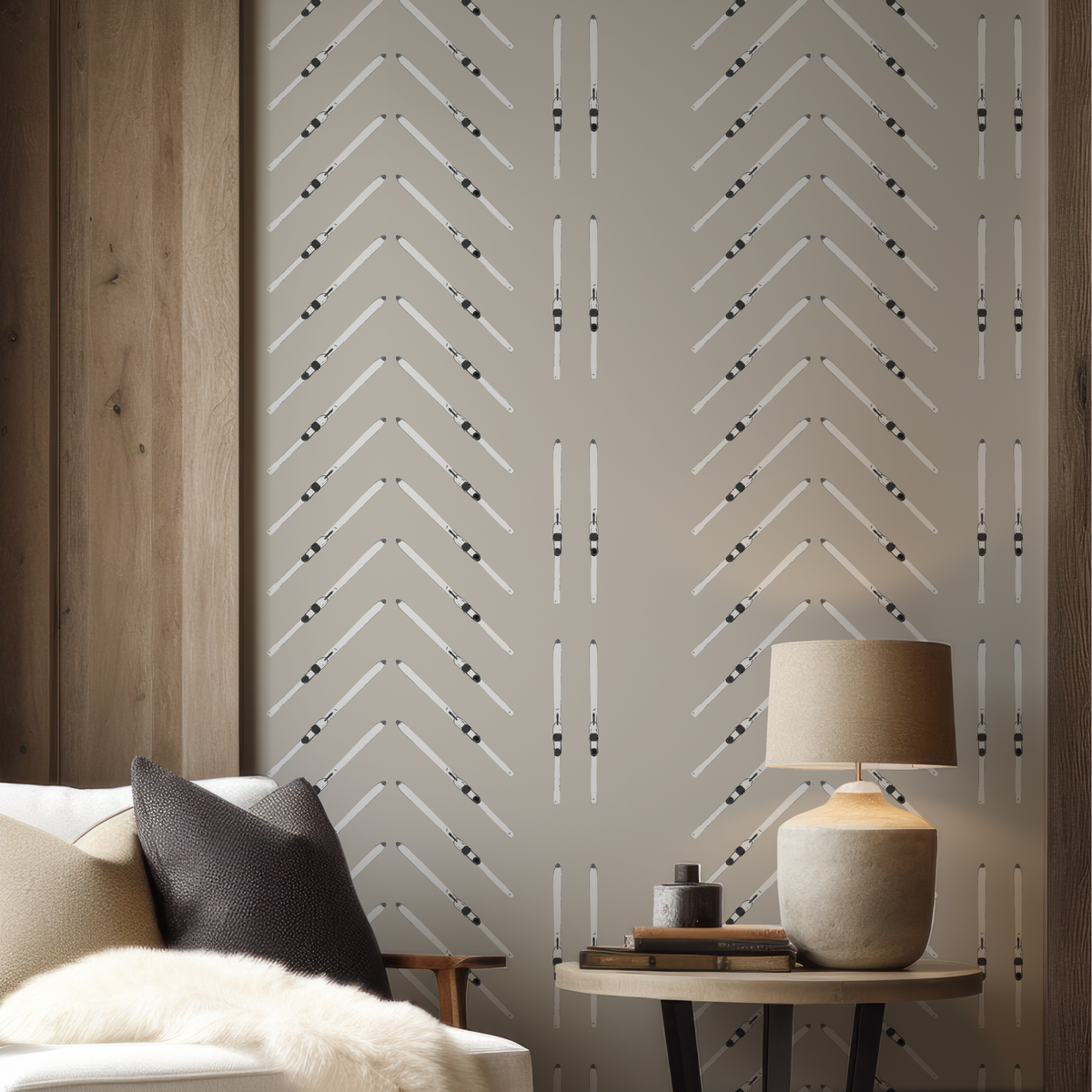 Taupe ski wallpaper with hand-drawn skis in a mountain home interior