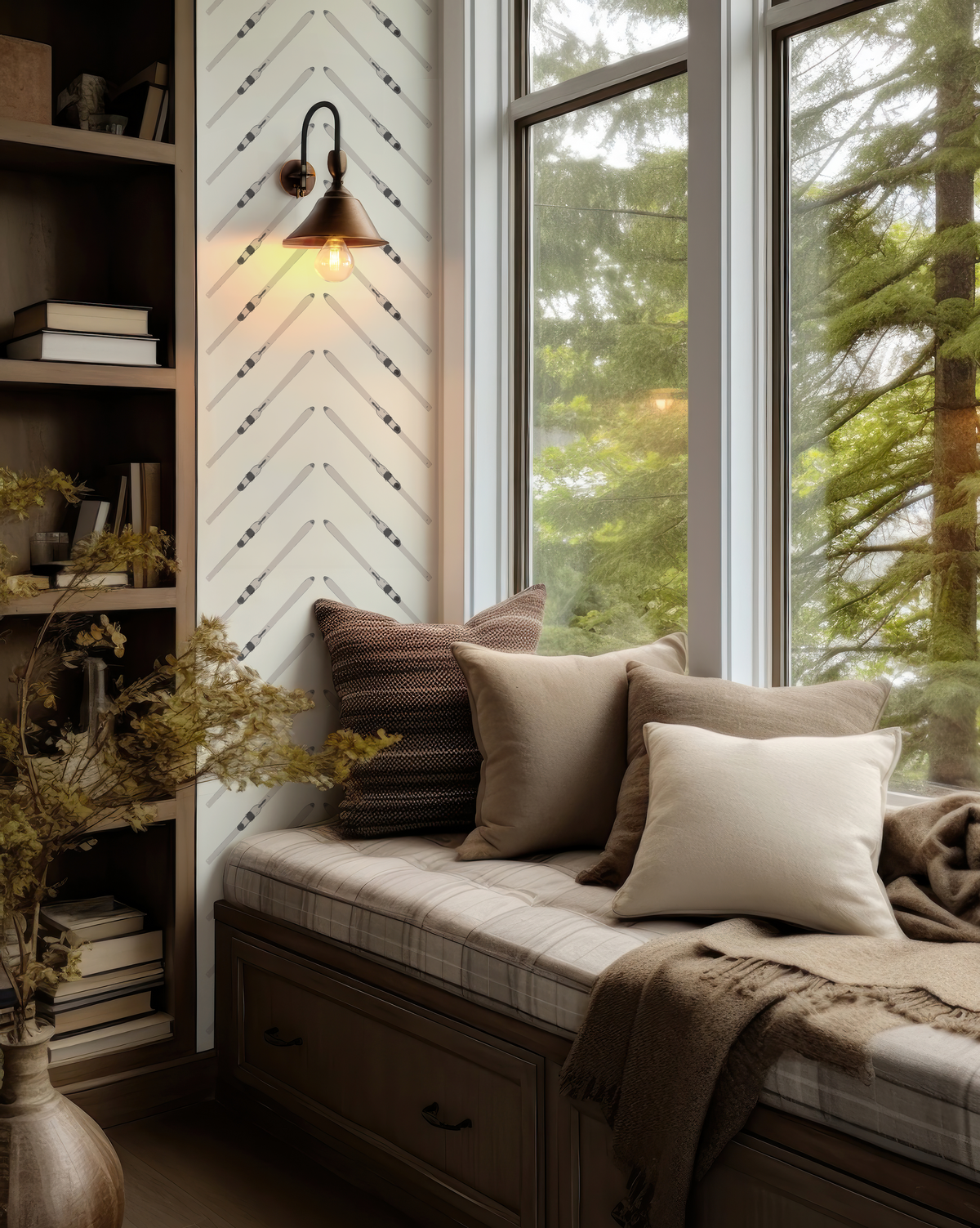 Ski chevron and stripe wallpaper in off-white vinyl with hand-drawn ski graphics