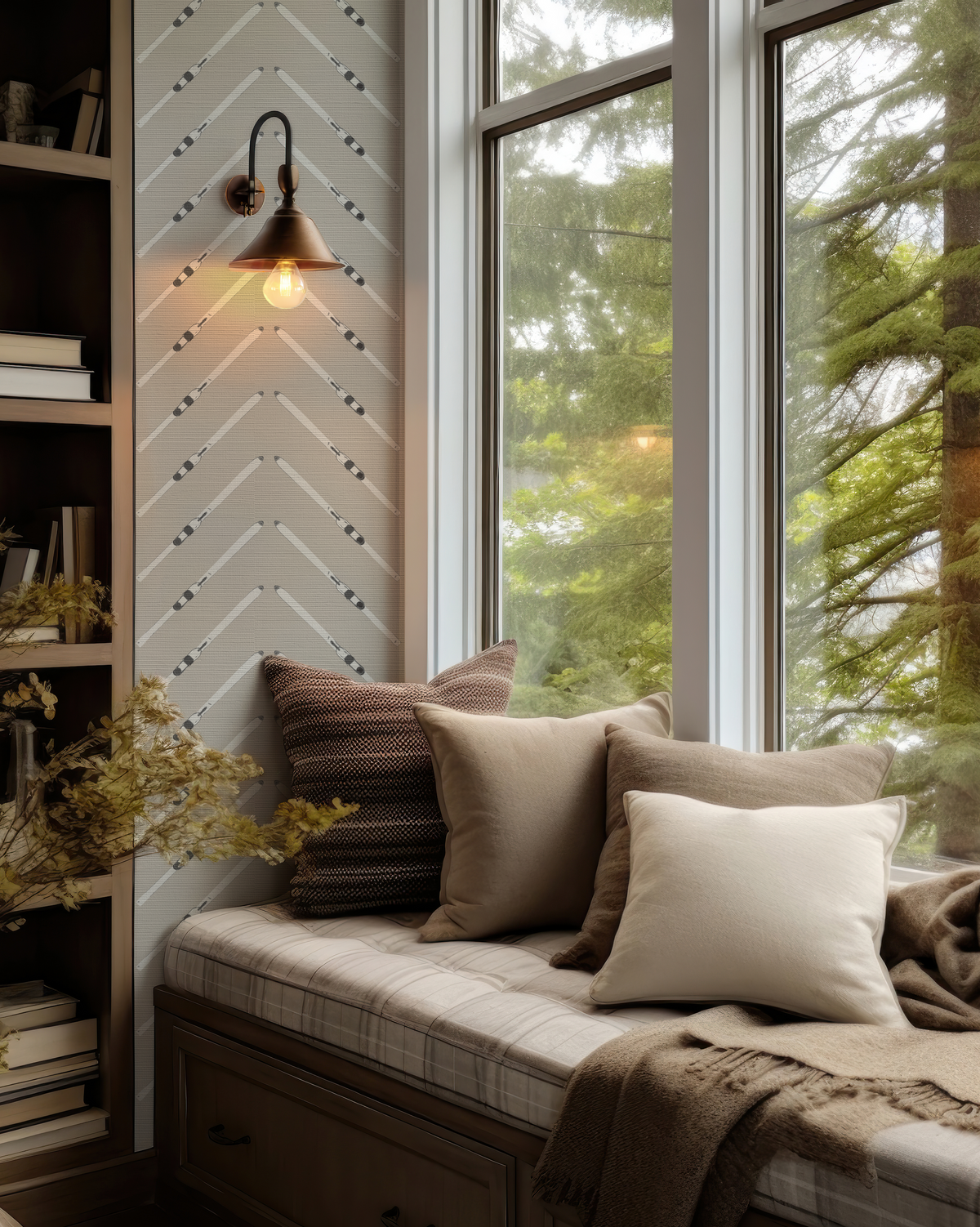 Ski wallpaper in taupe grasscloth used in a mountain ski home