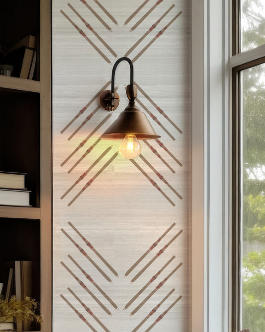 Ski Diamond grasscloth wallpaper in off-white with hand-drawn skis and vertical stripes for ski home.