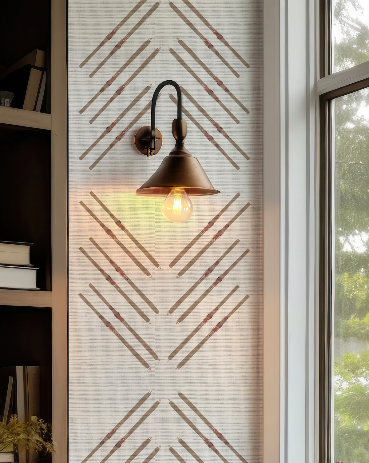 Off-white ski wallpaper with warm brown hand-drawn skis in a diamond and stripe pattern for ski lodge