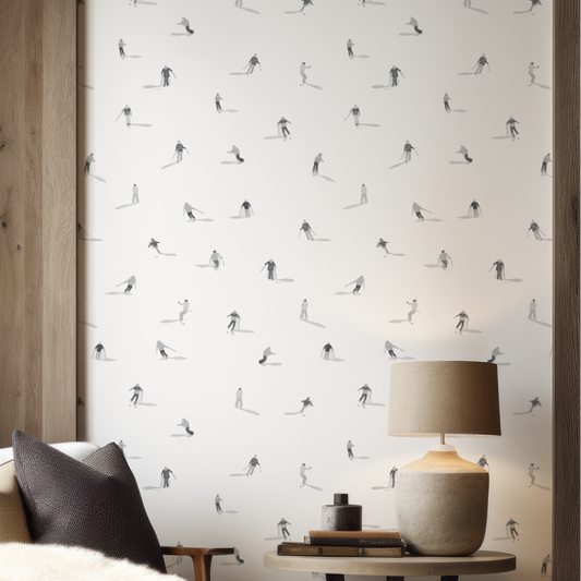 Grey and white ski wallpaper with abstract skier pattern
