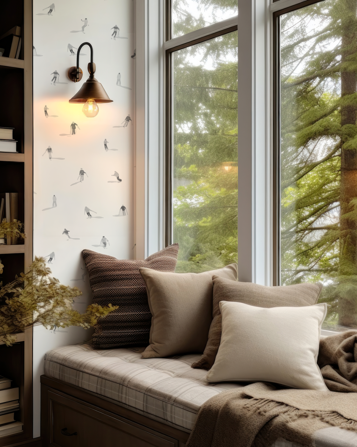 Abstract ski wallpaper in a mountain home interior