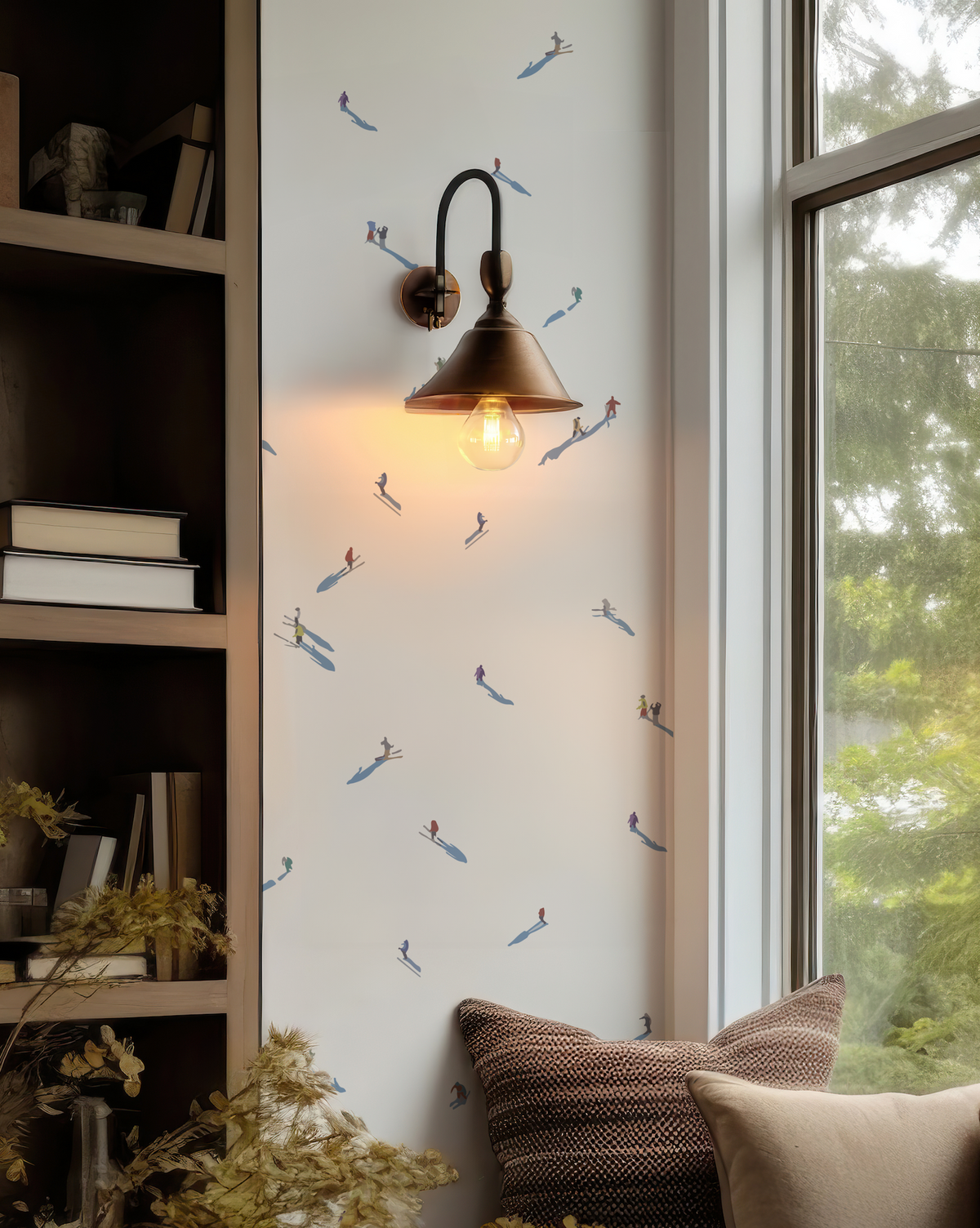 Ski Hill vinyl wallpaper with colorful skiers in an alpine interior
