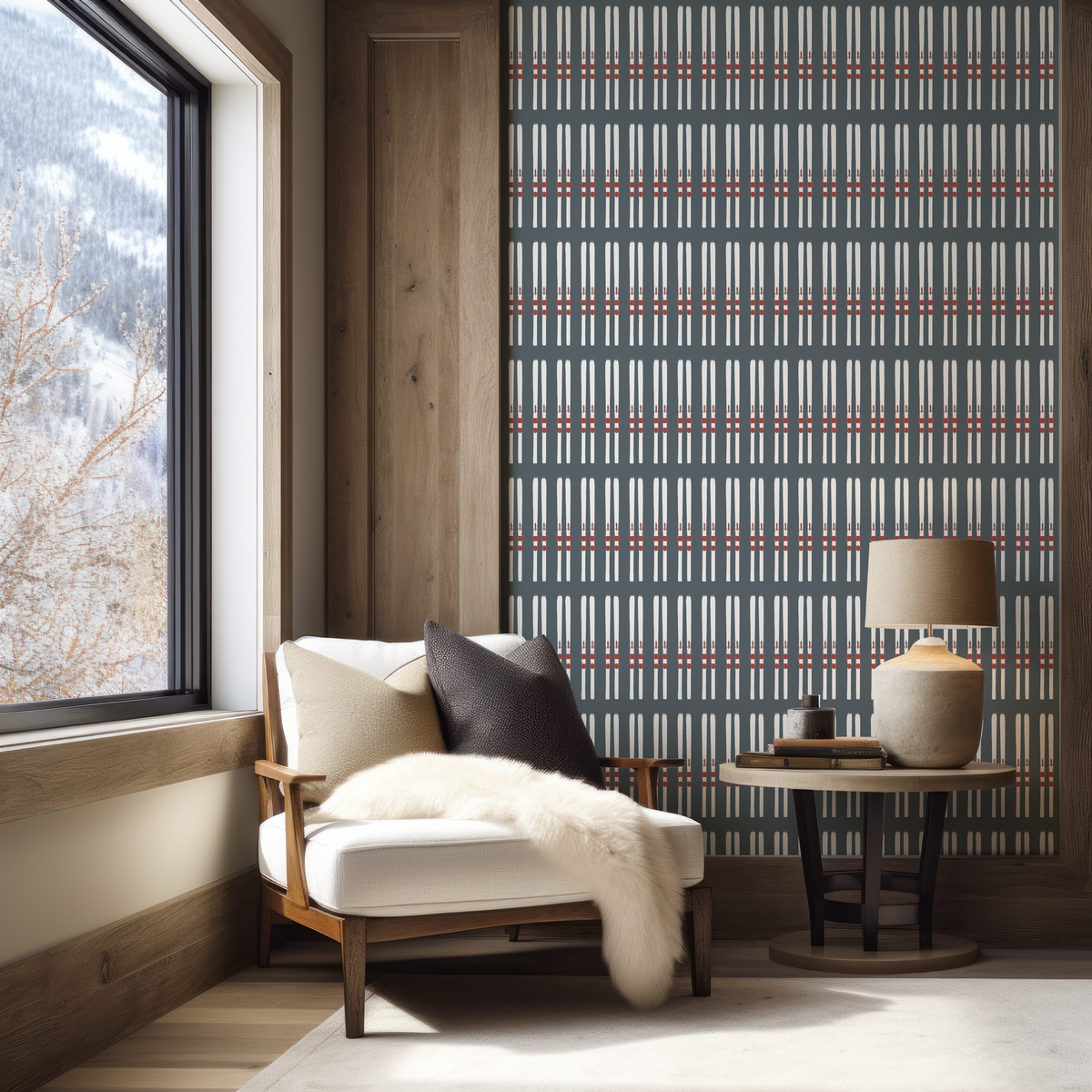 Close-up of warm white skis and red bindings on blue grasscloth wallpaper