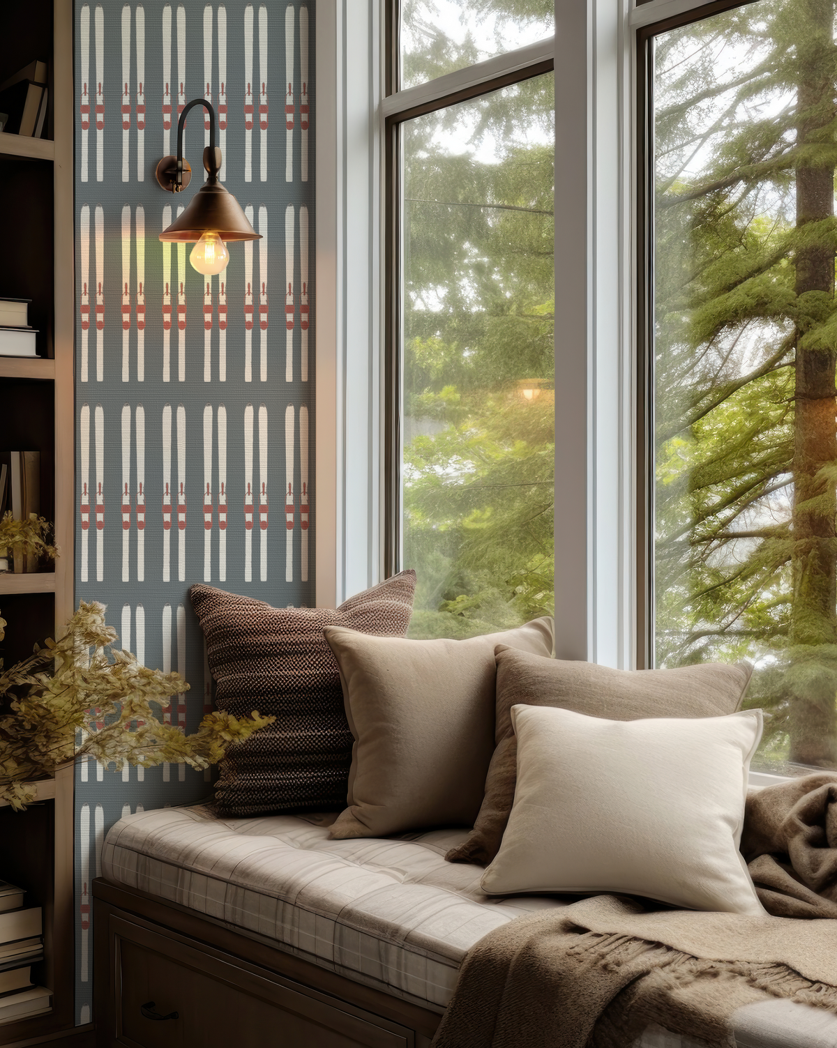 Ski stripe wallpaper in Deer Valley blue grasscloth in an alpine interior