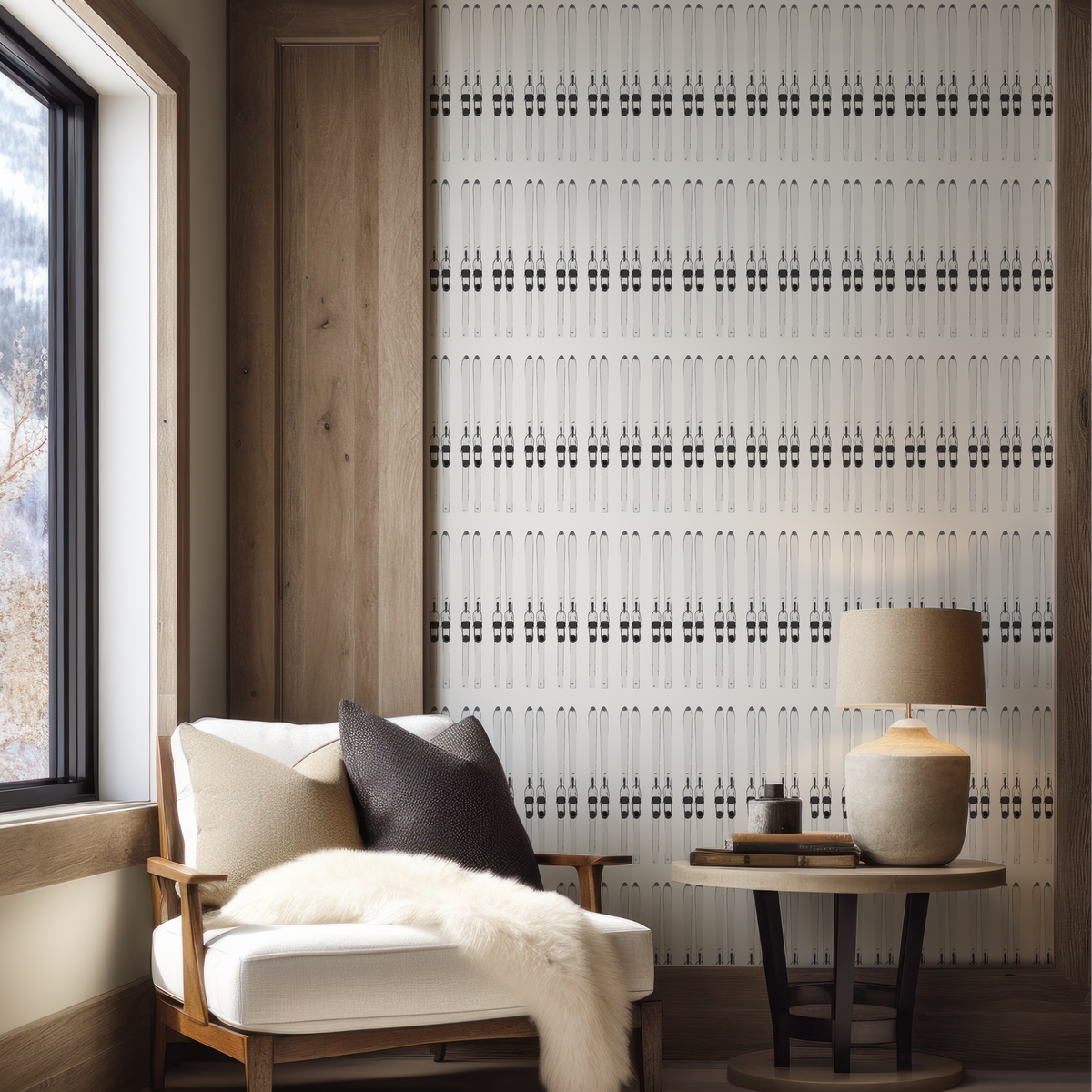 Warm white ski wallpaper in natural grasscloth in a mountain home interior