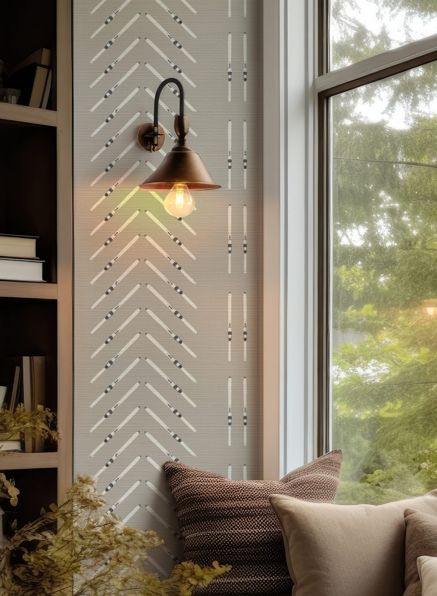 Ski Chevron with Vertical Stripe on Taupe Wallpaper