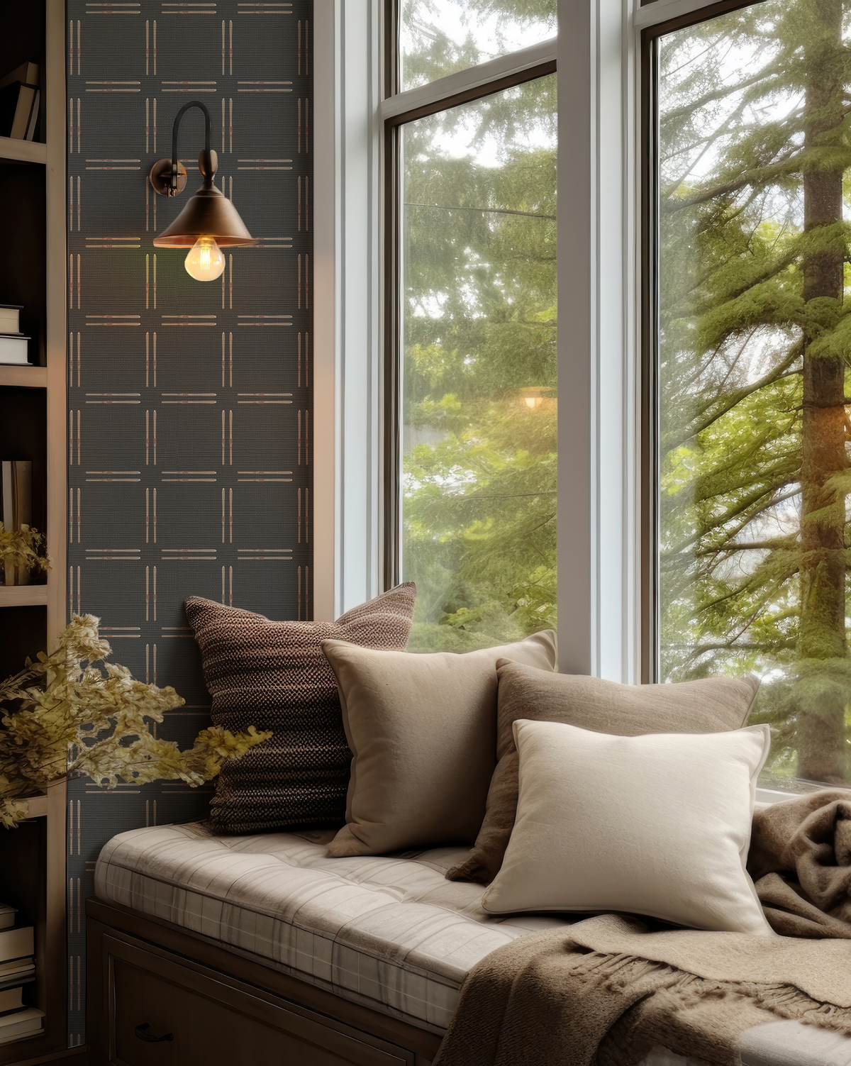 Vintage ski check wallpaper in a mountain home interior