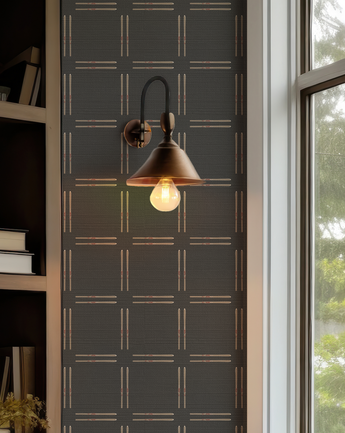 Vintage ski check wallpaper on black grasscloth with classic ski illustrations