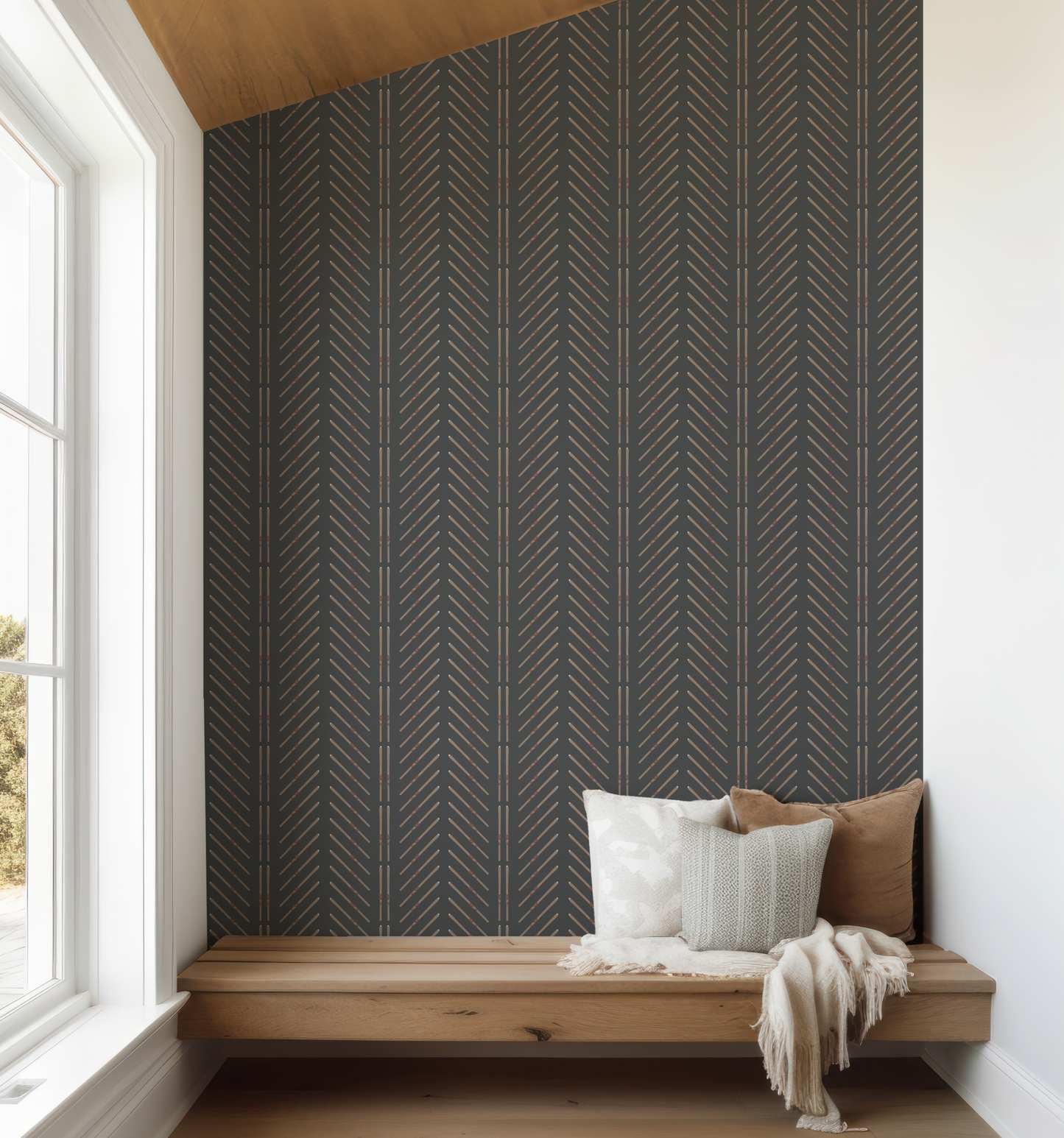 Vintage Ski Chevron Stripe with Vertical Skis on Black Wallpaper
