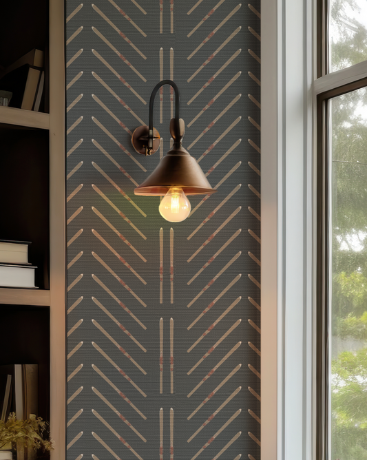 Vintage ski chevron wallpaper on black grasscloth with vertical ski stripes