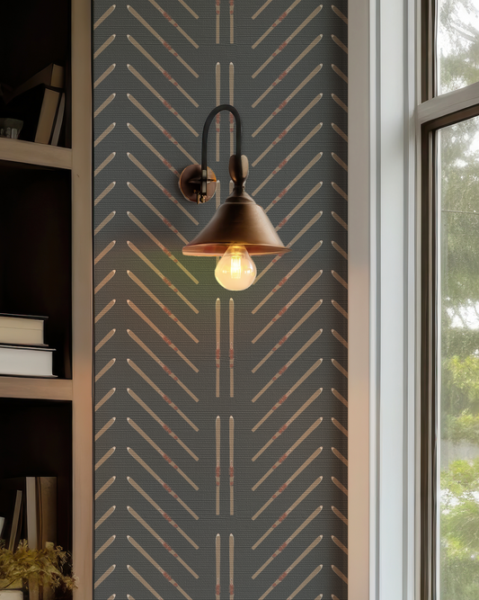 Vintage Ski Chevron Stripe with Vertical Skis on Black Wallpaper